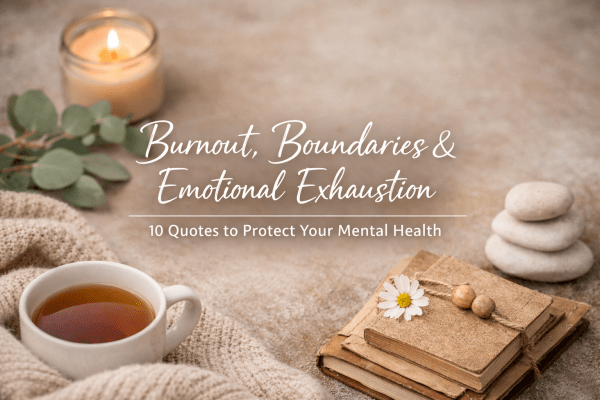 "Calm flat lay with tea, journals, candle, and stones, illustrating burnout, boundaries, and emotional exhaustion."